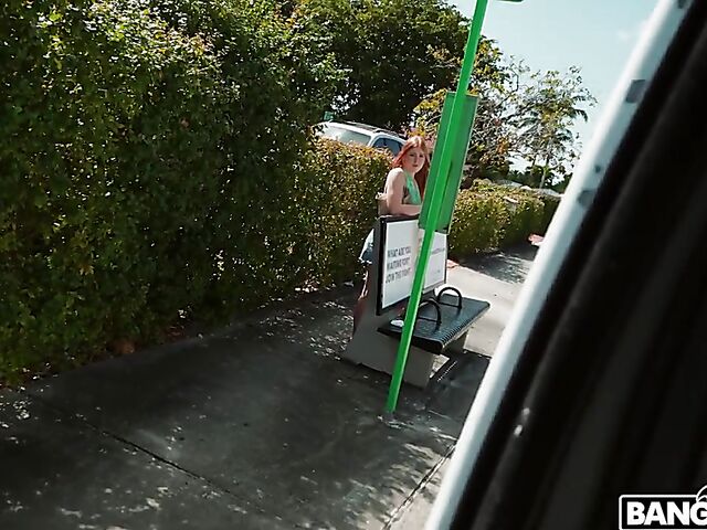 Long-haired redhead Harper Red gets picked up and fucked in the bang van