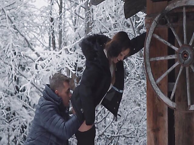 Winter outdoor sex in the snow and standing doggystyle with Natty Mellow