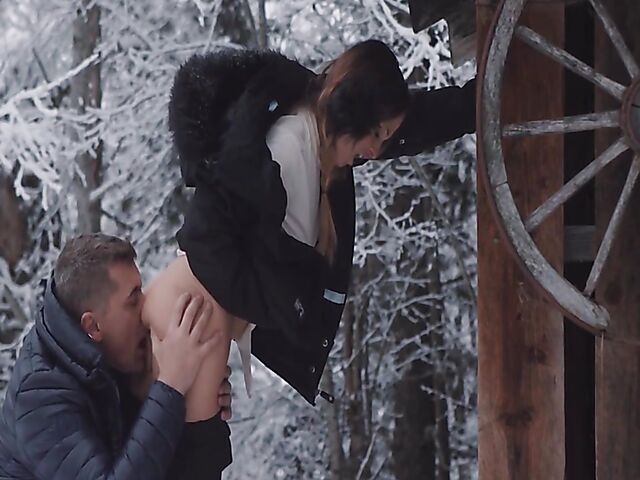 Winter outdoor sex in the snow and standing doggystyle with Natty Mellow