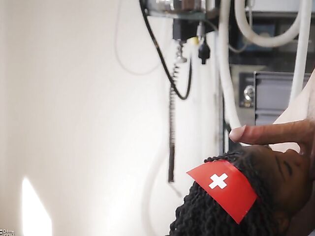 Naughty ebony nurse Hazel Grace wants a white cock