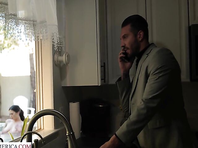 Jasmine Wilde's big natural tits and bald pussy for her lucky neighbor