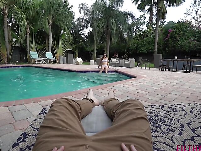 POV outdoor riding by the pool with young Kylie Rocket