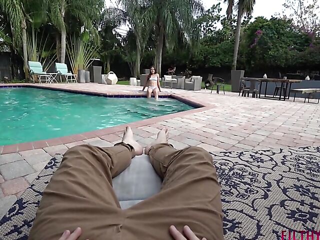 POV outdoor riding by the pool with young Kylie Rocket