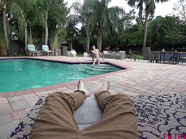 POV outdoor riding by the pool with young Kylie Rocket