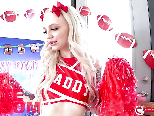 Blue-eyed teen cheerleader blowjob swallow POV