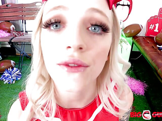 Blue-eyed teen cheerleader blowjob swallow POV