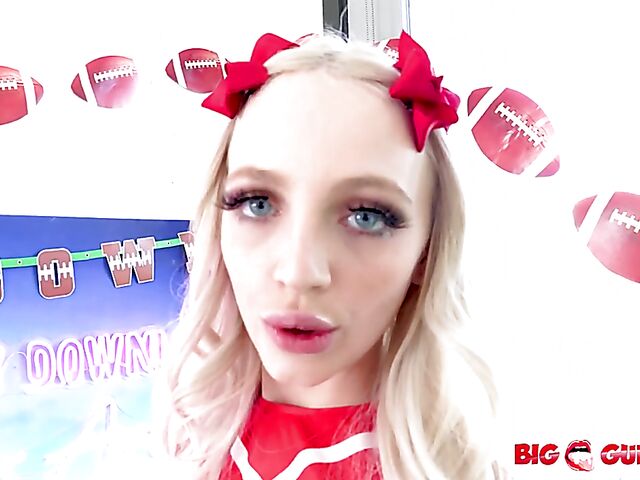 Blue-eyed teen cheerleader blowjob swallow POV