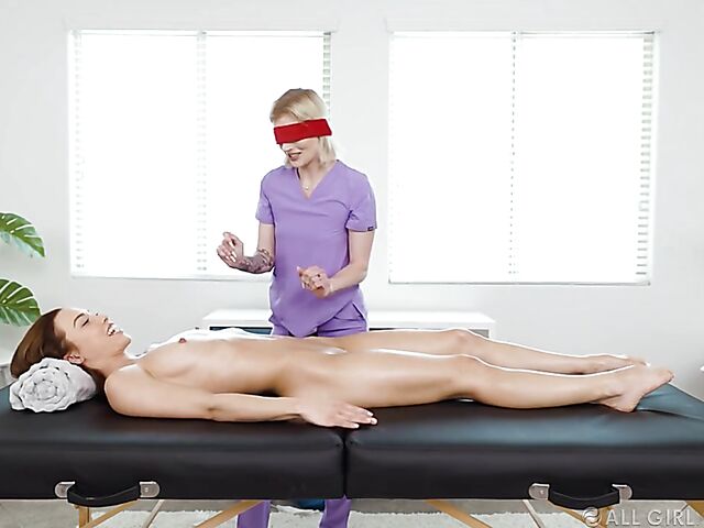 Blindfolded lesbian massage with Diana Grace and Hyley Winters