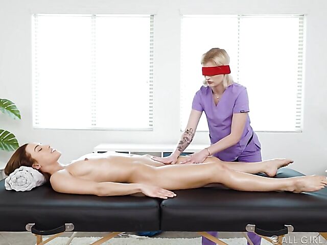 Blindfolded lesbian massage with Diana Grace and Hyley Winters