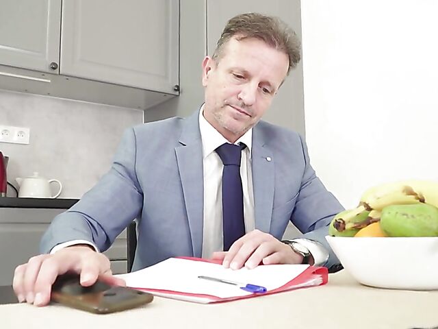 Blowjob under the table and pussy pounding in the kitchen with Isabella De Laa