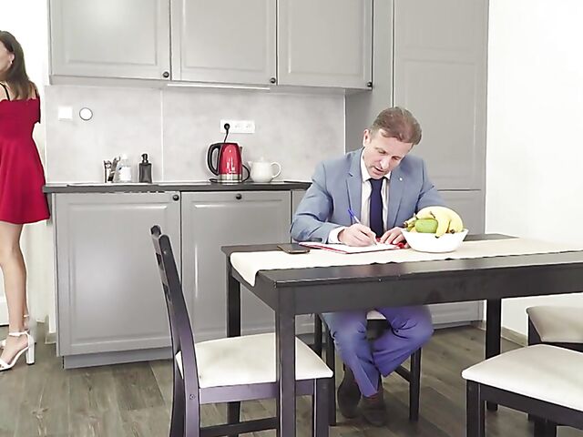 Blowjob under the table and pussy pounding in the kitchen with Isabella De Laa