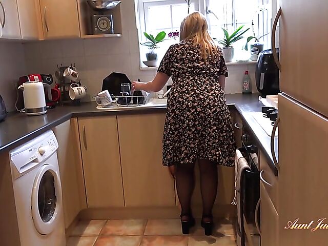 Standing fuck and cum on big tits in the kitchen with thick MILF Charlie Rae and her boy