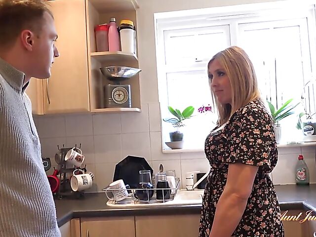 Standing fuck and cum on big tits in the kitchen with thick MILF Charlie Rae and her boy