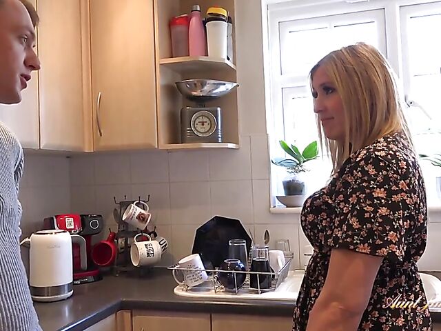 Standing fuck and cum on big tits in the kitchen with thick MILF Charlie Rae and her boy