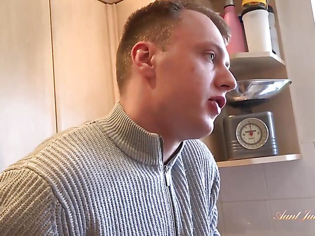 Standing fuck and cum on big tits in the kitchen with thick MILF Charlie Rae and her boy