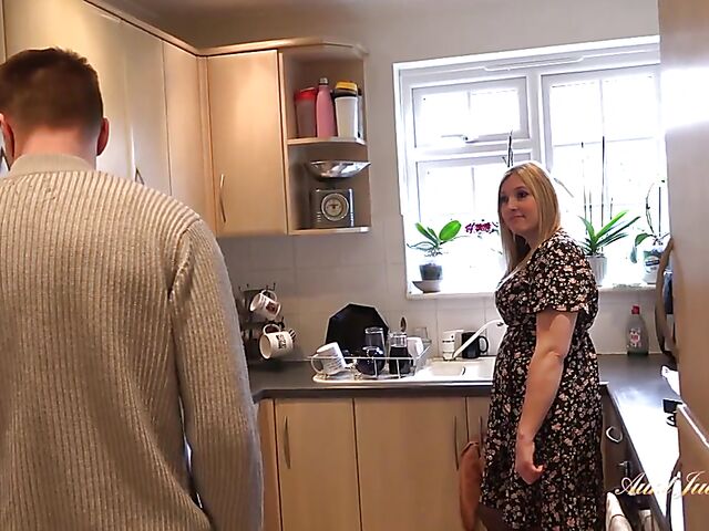 Standing fuck and cum on big tits in the kitchen with thick MILF Charlie Rae and her boy