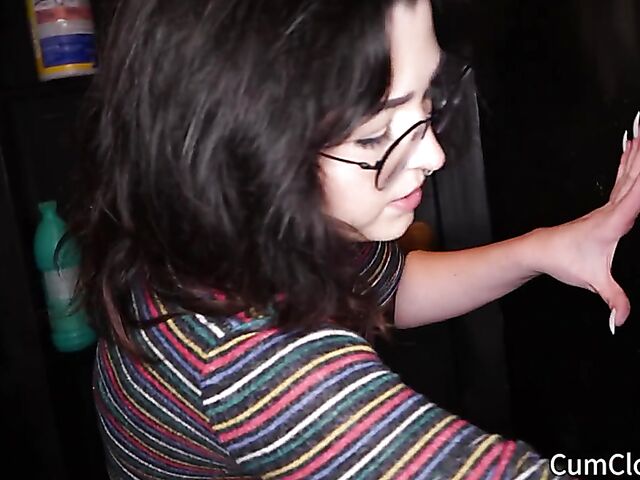 Pretty brunette with glasses gloryhole cumshots
