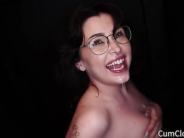 Pretty brunette with glasses gloryhole cumshots