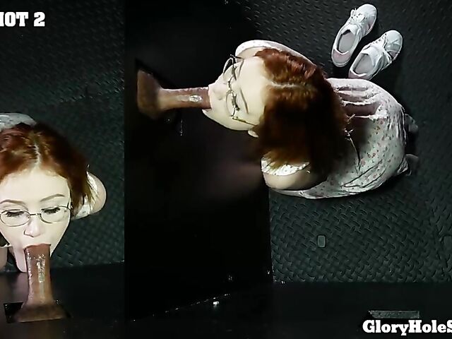 Scarlet Skies - Redhead with glasses gloryhole blowjobs and cum mouth POV style