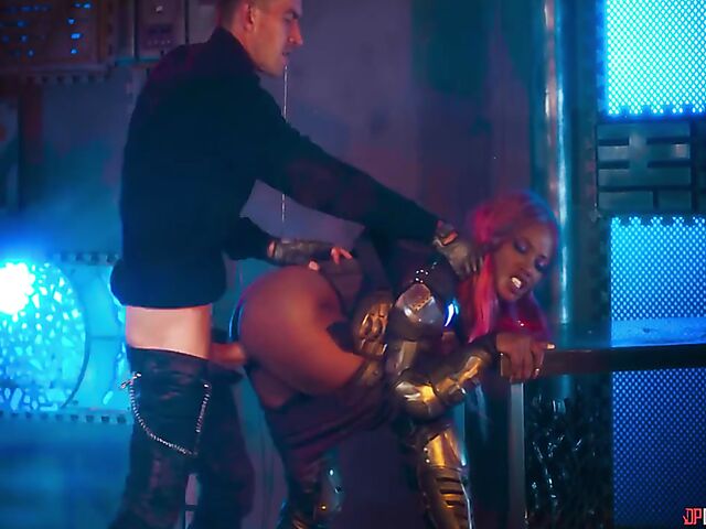 Pink-haired ebony Kiki Minaj anal drilled by a big white dick in the space