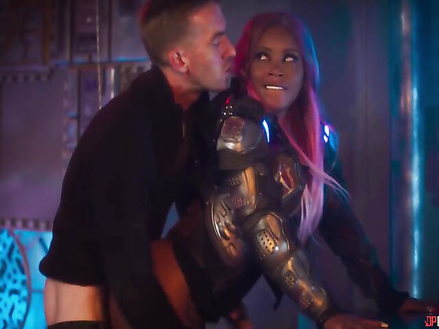 Pink-haired ebony Kiki Minaj anal drilled by a big white dick in the space