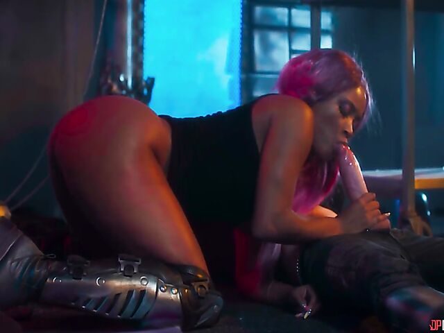 Pink-haired ebony Kiki Minaj anal drilled by a big white dick in the space