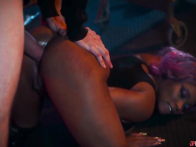 Pink-haired ebony Kiki Minaj anal drilled by a big white dick in the space