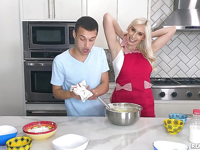 Kitchen sex with blonde Kay Lovely while cooking for her show