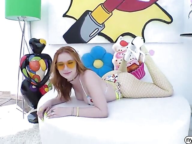 Pale redhead nympho Madison Morgan displays her assets and gets a dicking