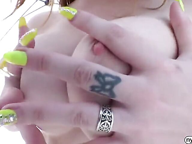 Pale redhead nympho Madison Morgan displays her assets and gets a dicking