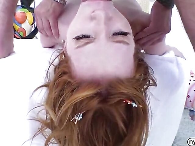 Pale redhead nympho Madison Morgan displays her assets and gets a dicking