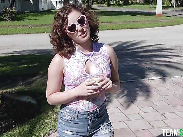 Outdoor POV in the garden with young and naughty Leana Lovings