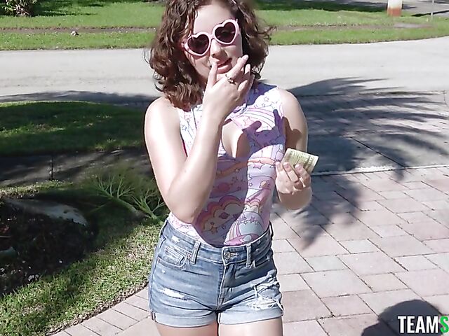 Outdoor POV in the garden with young and naughty Leana Lovings