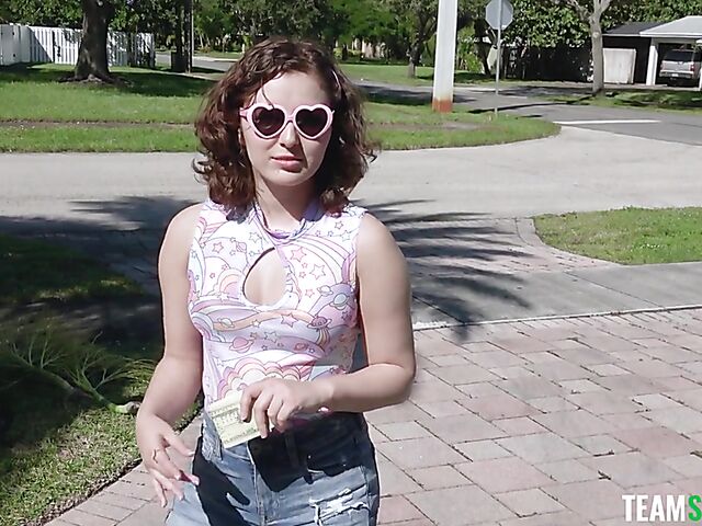 Outdoor POV in the garden with young and naughty Leana Lovings