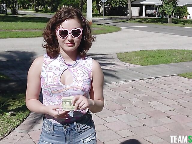 Outdoor POV in the garden with young and naughty Leana Lovings