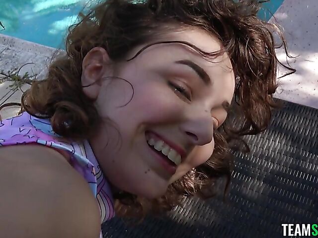 Outdoor POV in the garden with young and naughty Leana Lovings