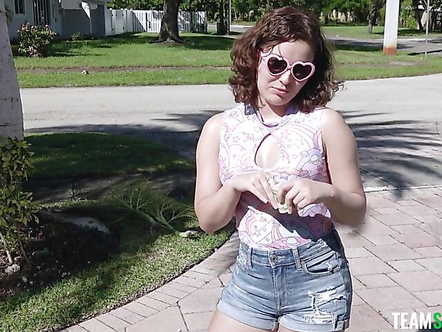 Outdoor POV in the garden with young and naughty Leana Lovings