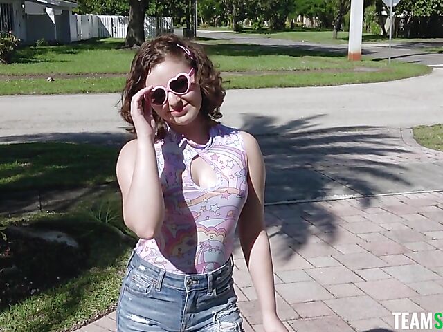 Outdoor POV in the garden with young and naughty Leana Lovings