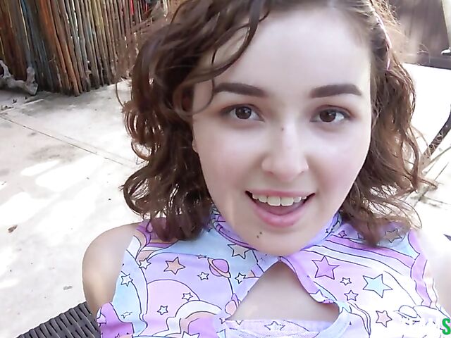 Outdoor POV in the garden with young and naughty Leana Lovings