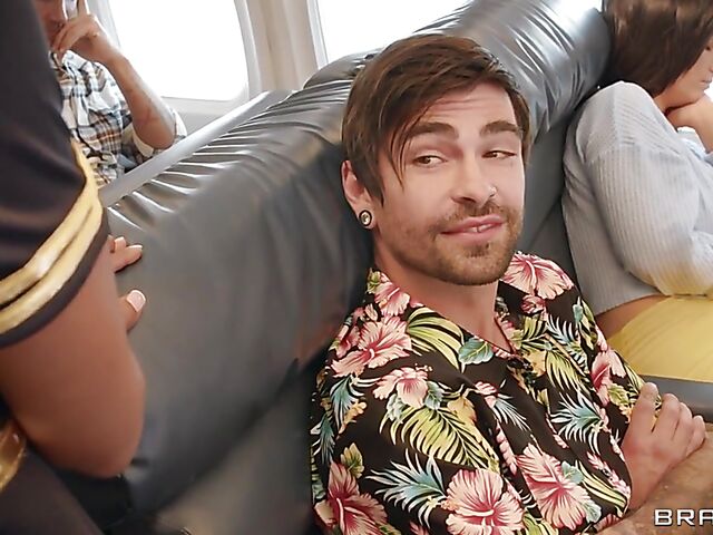 Interracial threesome sex on a plane with LaSirena69 and ebony air hostess Hazel Grace