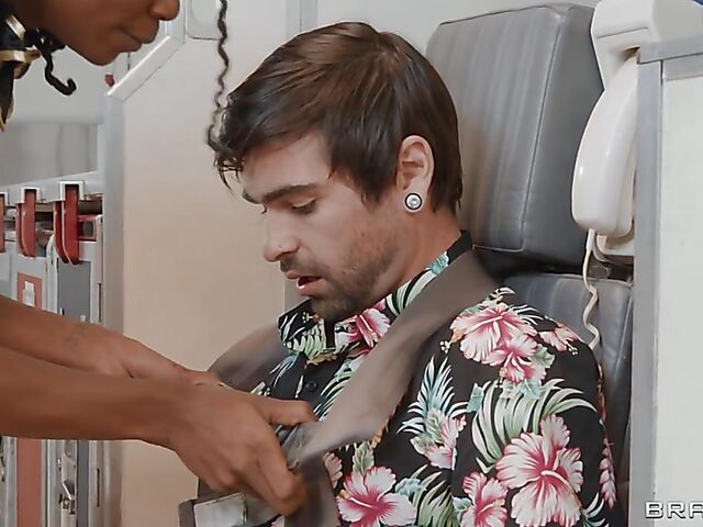 Interracial threesome sex on a plane with LaSirena69 and ebony air hostess Hazel Grace