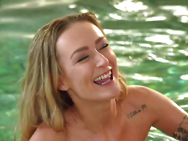 Slim anal babe Elena Lux strips nude in the swimming pool and gets it started