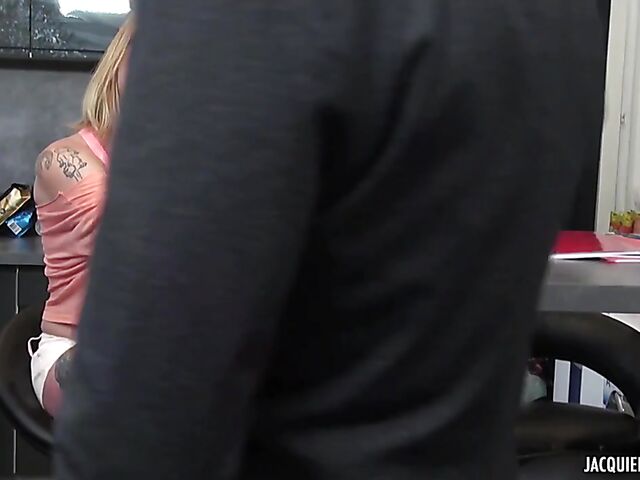 Rachelle - Fake tits woman with glasses anal fucking in the kitchen