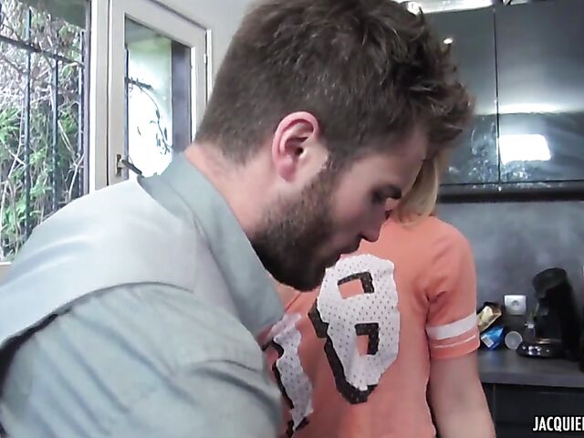 Rachelle - Fake tits woman with glasses anal fucking in the kitchen