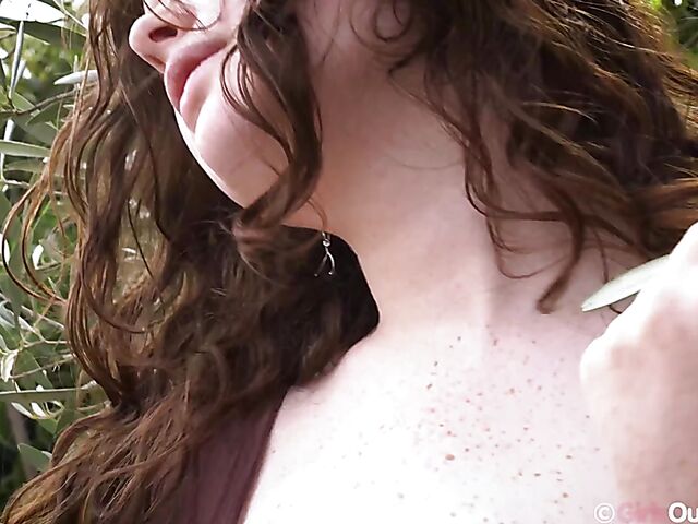 Hairy masturbation with a dildo outdoors featuring Amelia P