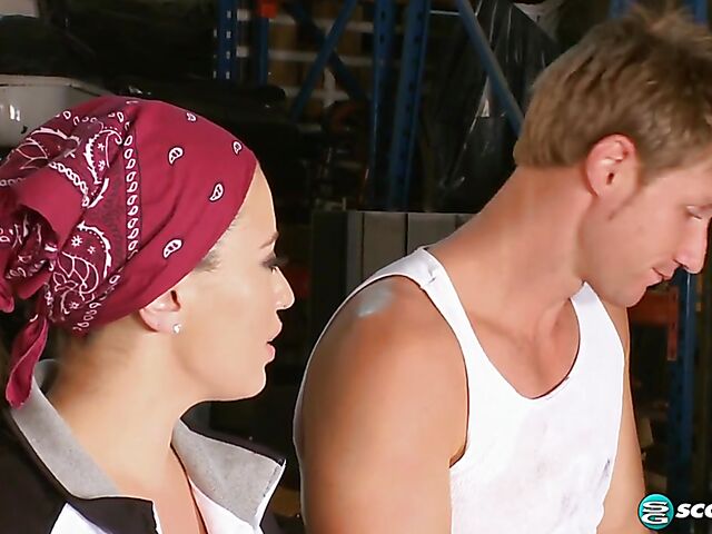 Dirty car mechanic grabs Selena Castro's big natural tits