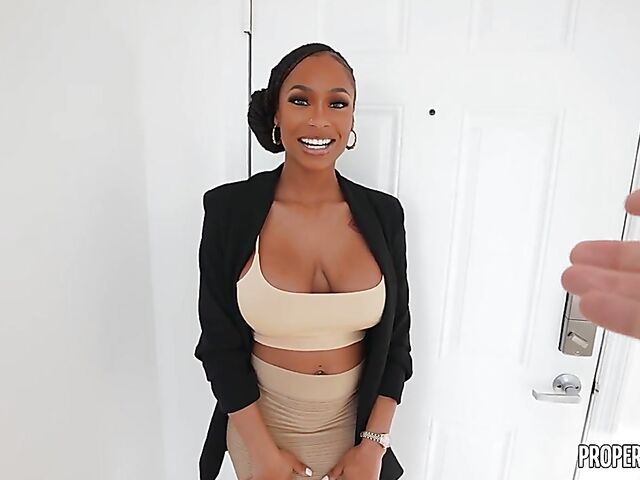 POV ebony big tits real estate agent Sarai Minx fucks a white cock