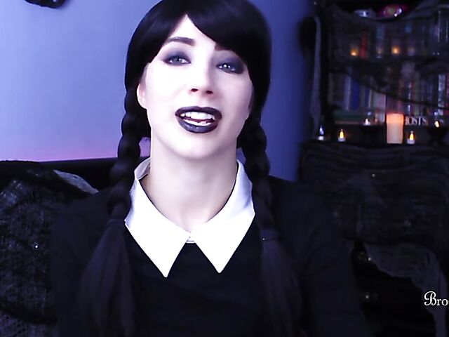 Brookelynne Briar as Wednesday Addams masturbation encouragement and dildo handjob in POV