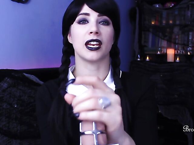 Brookelynne Briar as Wednesday Addams masturbation encouragement and dildo handjob in POV