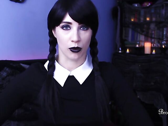 Brookelynne Briar as Wednesday Addams masturbation encouragement and dildo handjob in POV